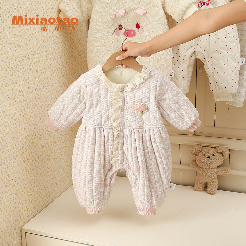 冬款粉花蘑菇哈衣加厚外套儿童冬款长袖幼儿婴儿新生儿婴童宝宝