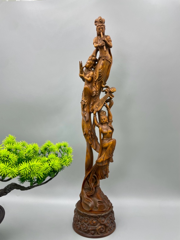 小叶黄杨木雕仿古工艺（三飞天仙女）高度飞天34公分，底座5公分