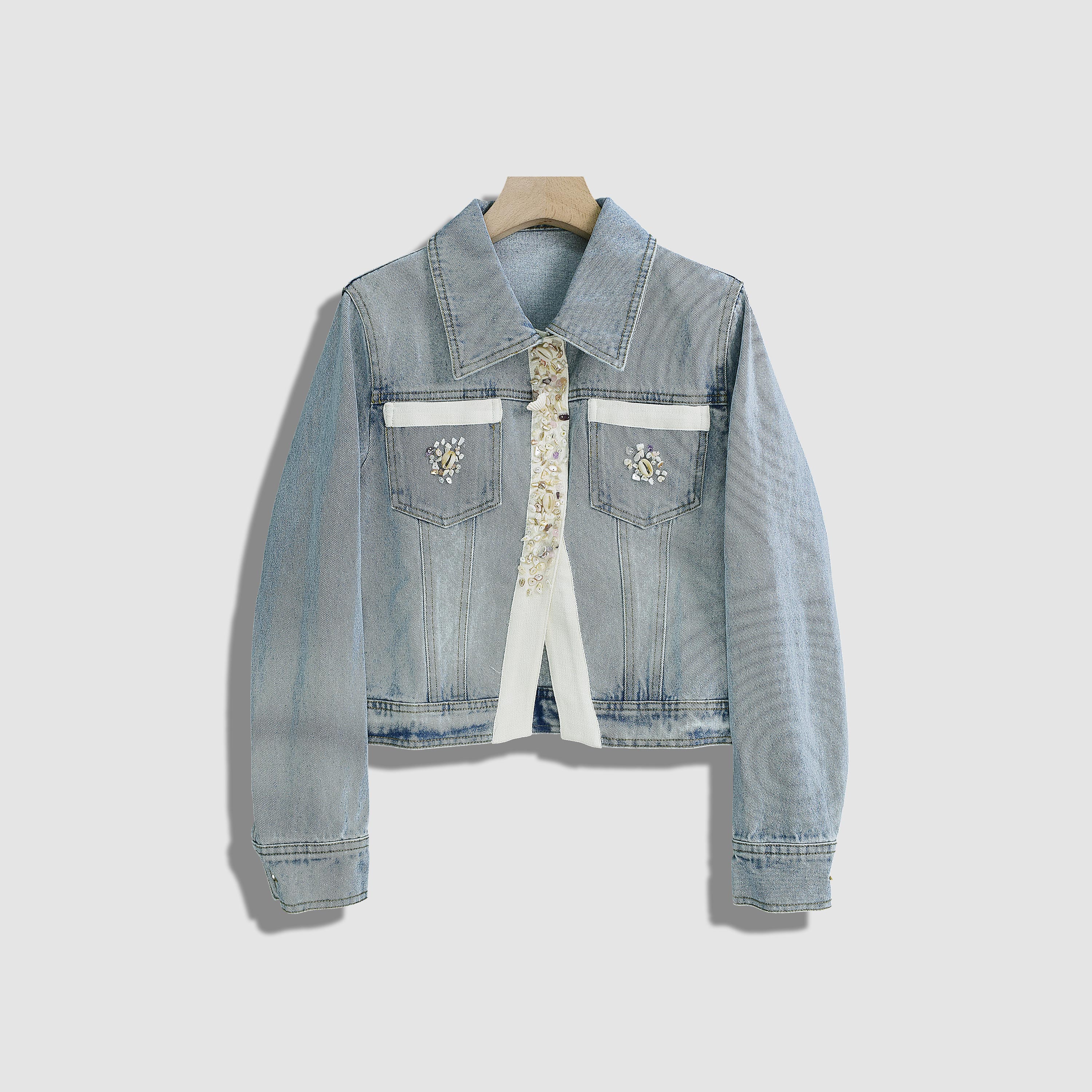 JIUJIU时尚百搭拼接撞色贝壳牛仔外套-Y14831