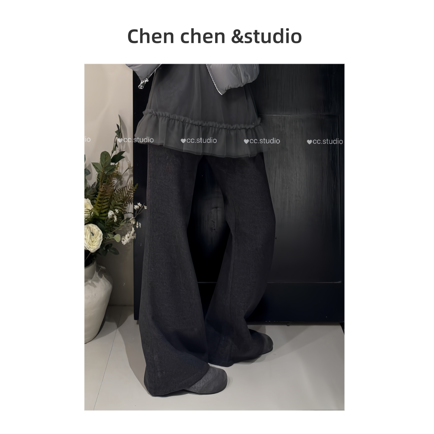 【裤长103cm网纱屁帘裙微喇裤】冬季新款假两件洋气显瘦毛呢长裤女