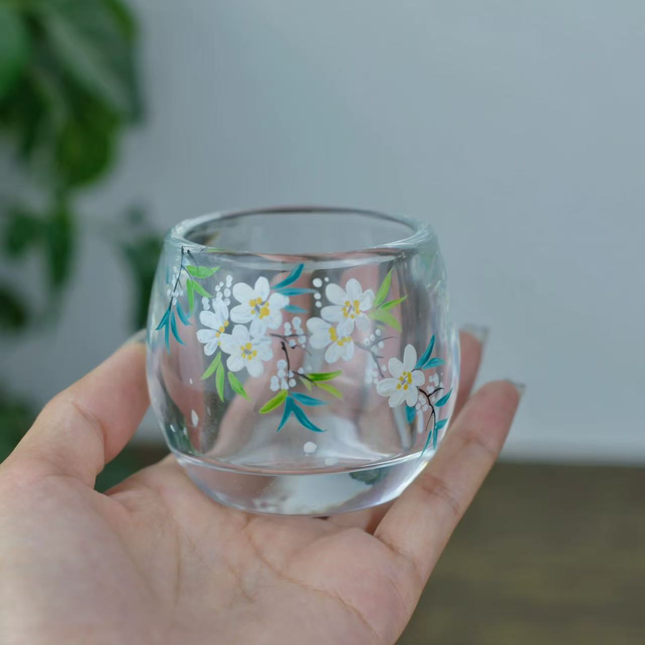 手绘梨花色水晶玻璃茶杯家用手工加厚玻璃水杯主人杯个人qh1588