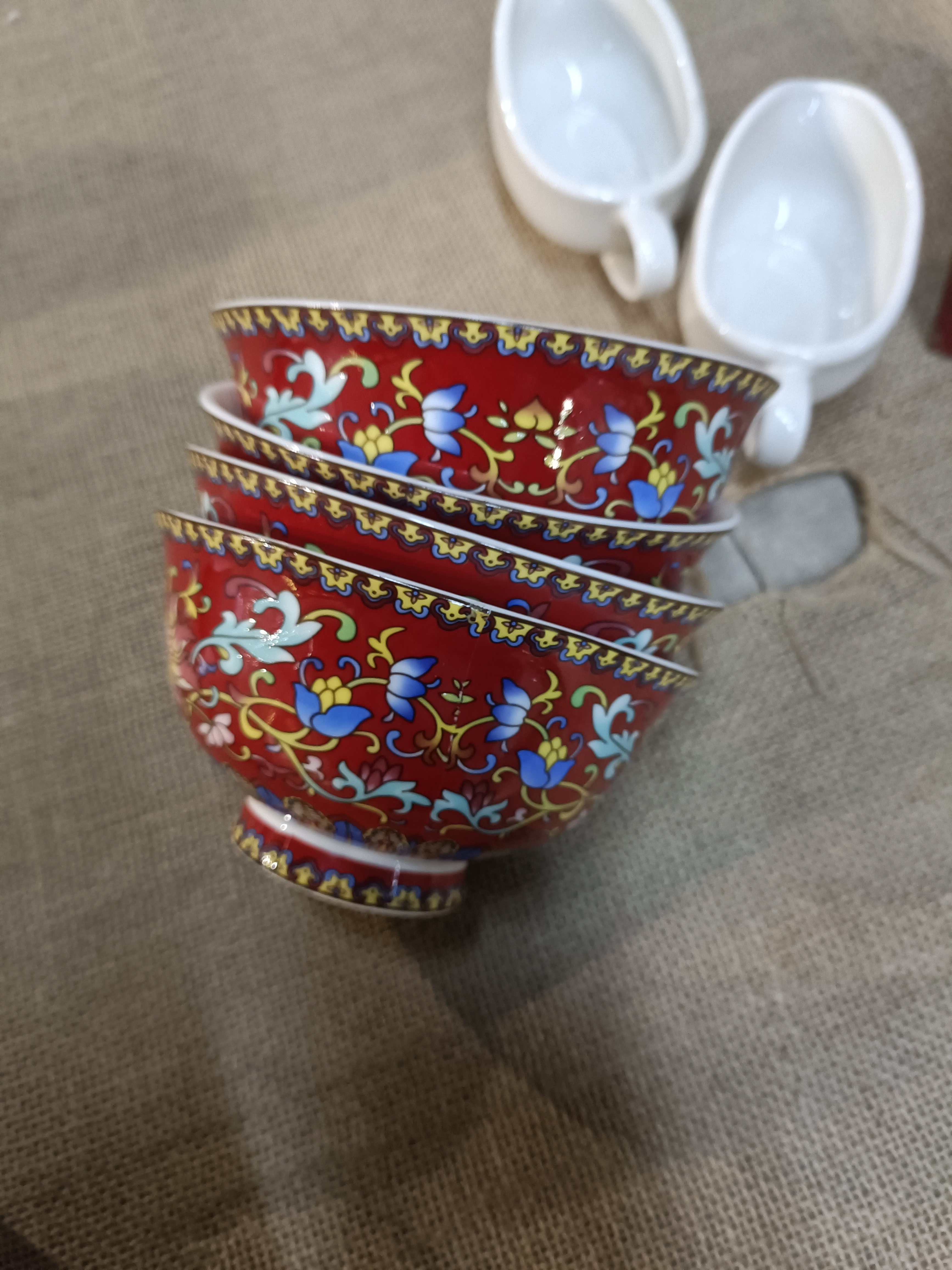 磁州窑珐琅彩红碗四个