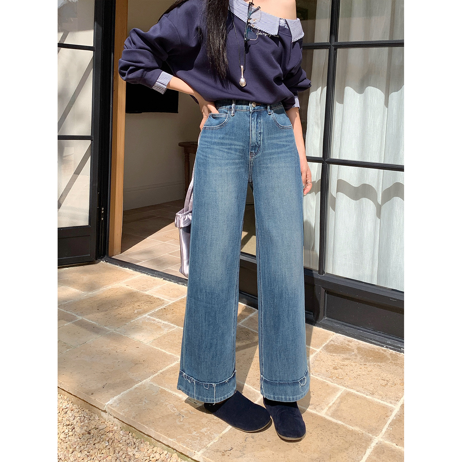 新款弹力九分牛仔裤大码女装胖mm高腰显瘦窄版直筒裤子