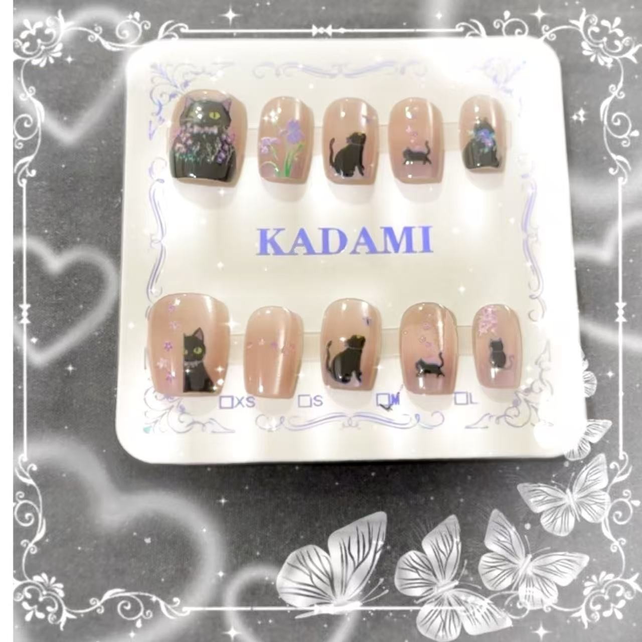 优雅暗黑猫咪猫眼穿戴甲成品贴片高级可拆卸