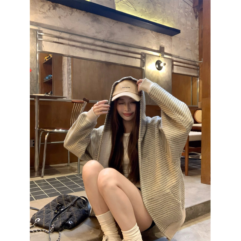秋冬氛围感连帽条纹开衫卫衣男女同款宽松休闲显瘦韩版外套