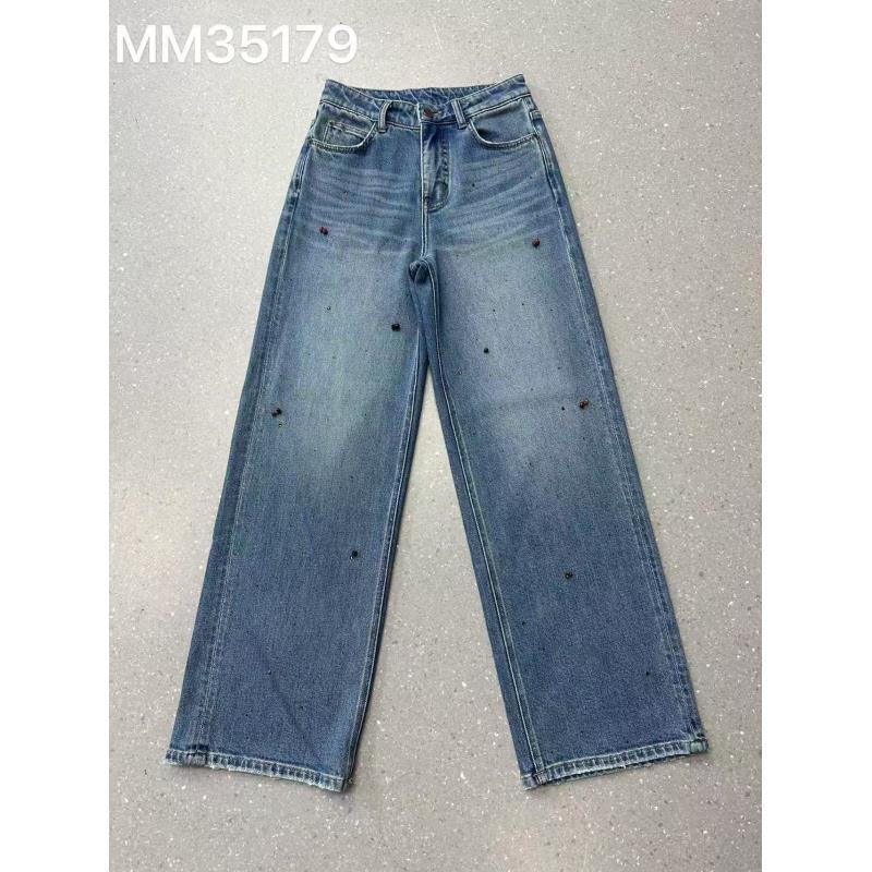 35179蓝色木珠钉珠烫钻设计百搭休闲牛仔裤