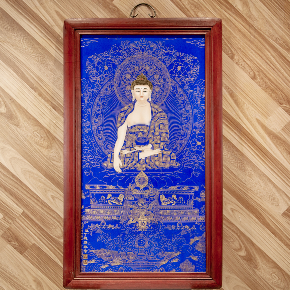  臣丁观鹏恭绘红木彩绘镶瓷板画掐丝唐卡挂屏瓷板画F4-023