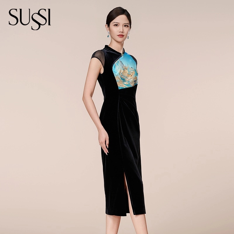 SUSSI/古色24冬季新品商场同款黑色中式敦煌高级印花改良旗袍裙