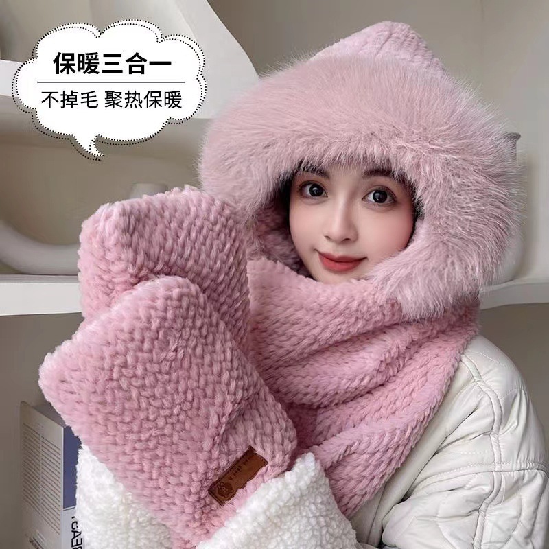 新款帽子女秋冬可爱毛绒三件套户外骑车加绒加厚护耳显脸小保暖帽