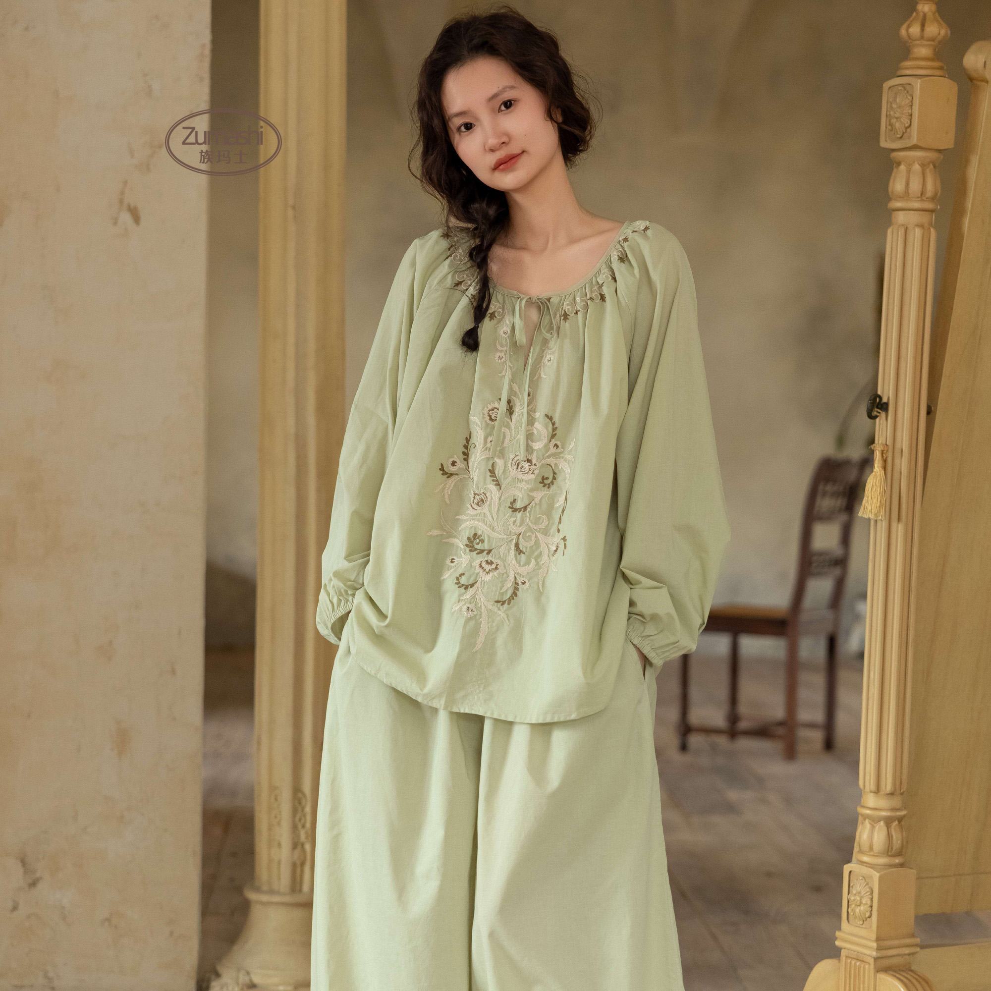 族玛士睡衣女春秋款夏季纯棉长袖家居服薄款刺绣新中式可外穿套装