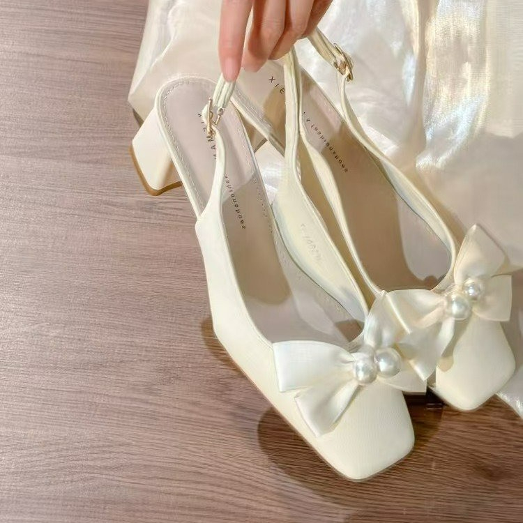 2025年夏季温柔配裙子仙女风后空凉鞋女蝴蝶结粗跟包头高跟鞋子女