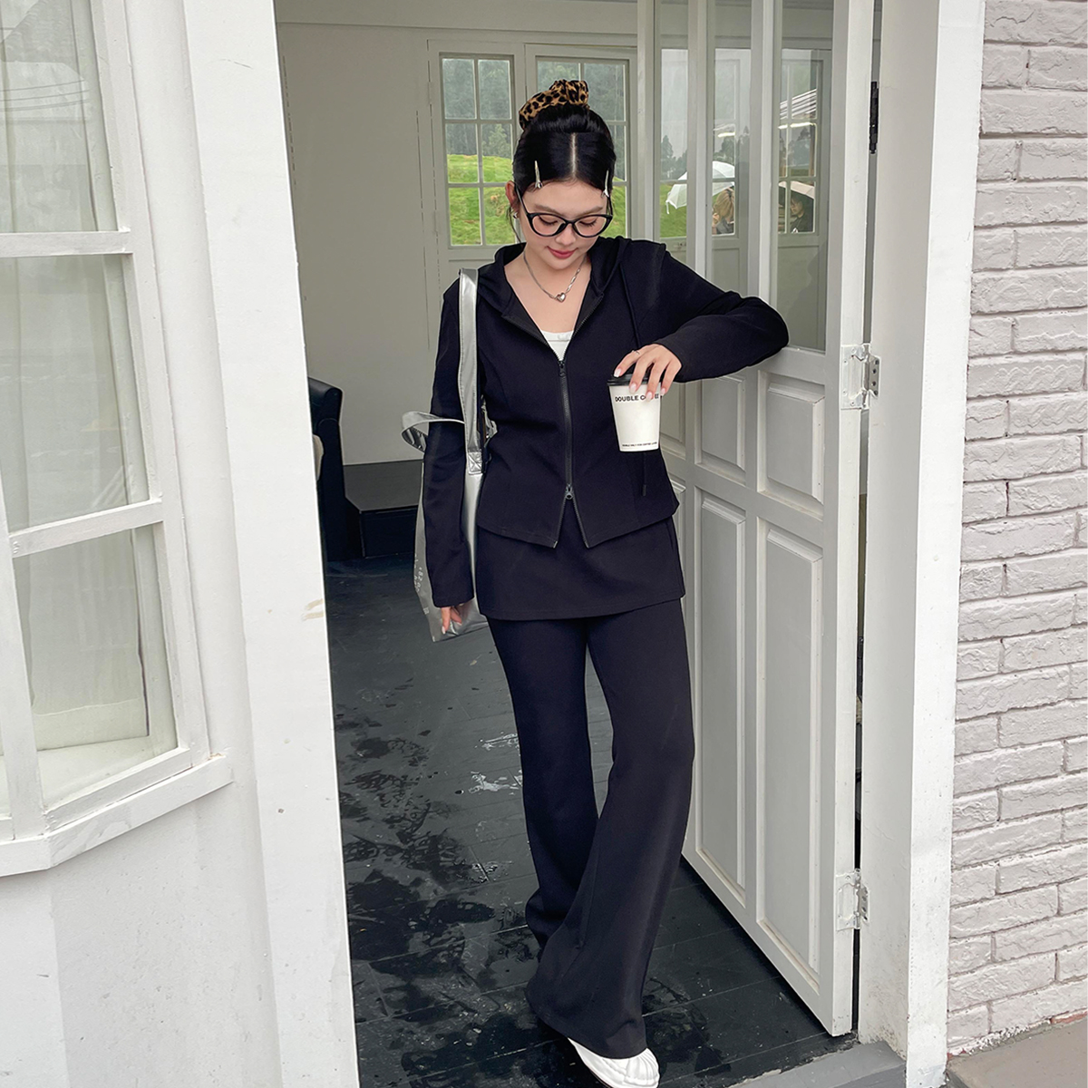 2025新款大码女装连帽长袖卫衣外套裙摆喇叭休闲长裤两件套套装