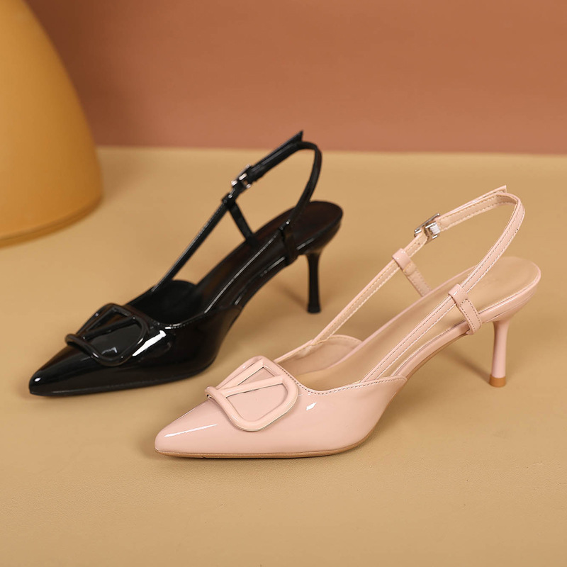胎牛皮版~气质尖头高跟鞋女细跟法式小众设计V家甜美夏后空包头凉