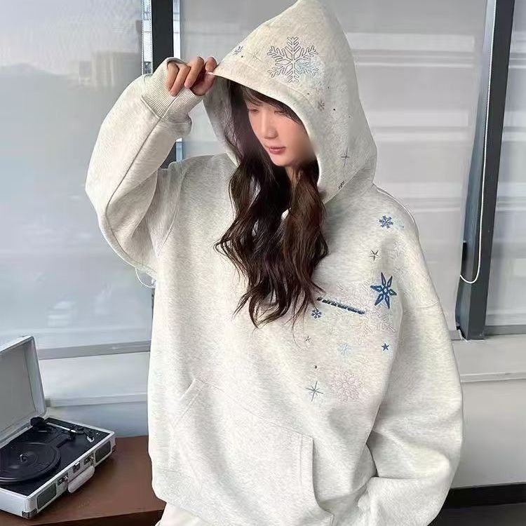 刺绣连帽套头卫衣女装百搭圆领欧美风秋冬薄款加绒加厚长袖慵懒风
