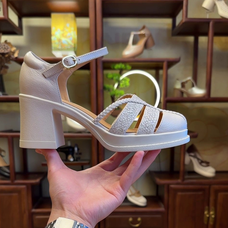 羊皮7厘米 34-40真皮复古百搭夏季粗跟时尚一字带包头凉鞋