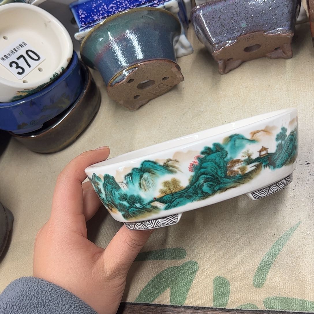 花盆紫砂881号瑕疵15/12/5cm仿手绘青绿山水