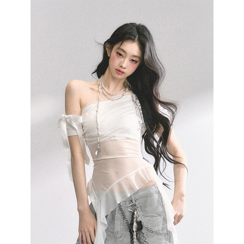 少也眼透感小心机 纯欲露肩短袖微透网纱T恤女夏季设计感显瘦上衣