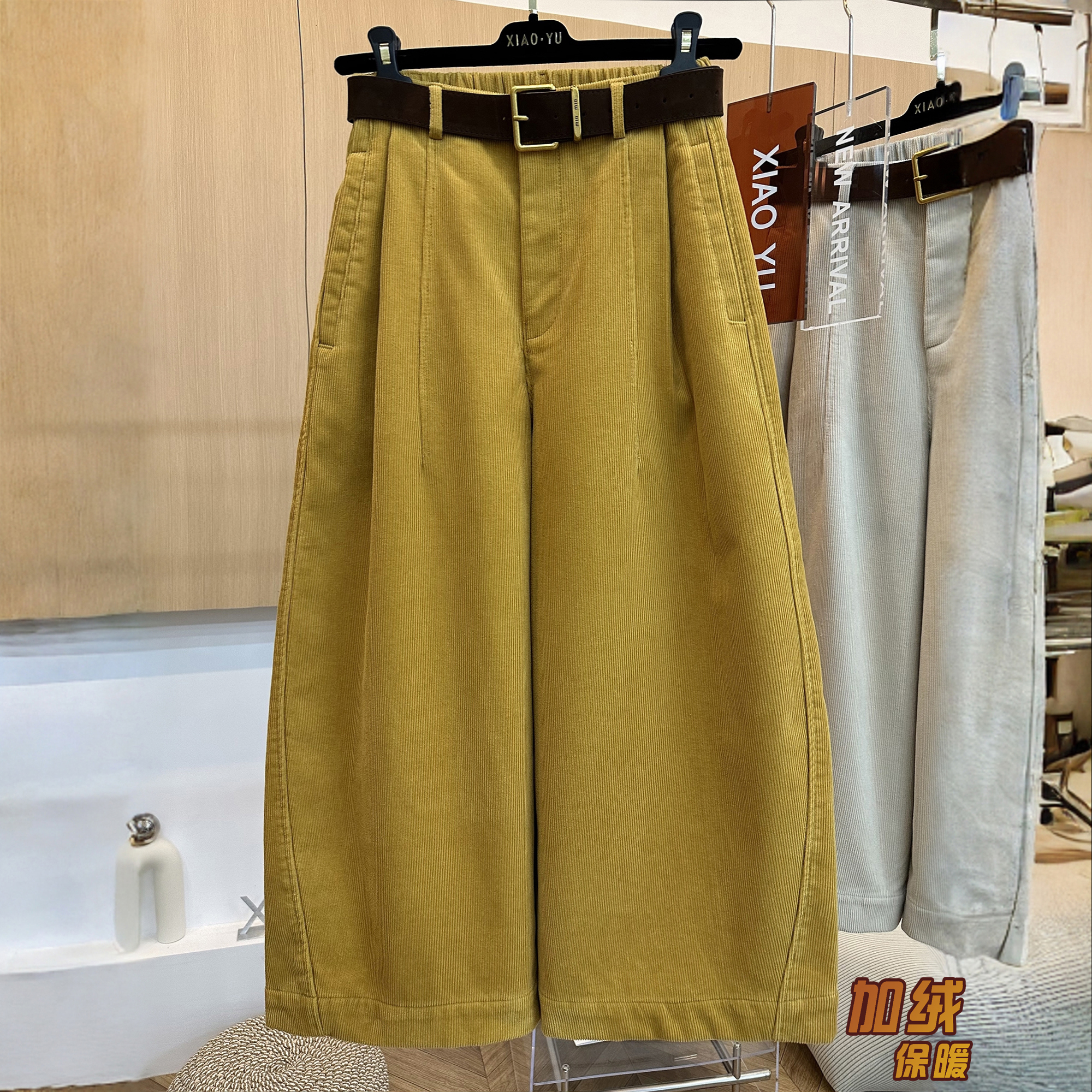 高端欧货冬款超好看时尚复古松紧腰加绒灯芯绒宽松直筒休闲裤女