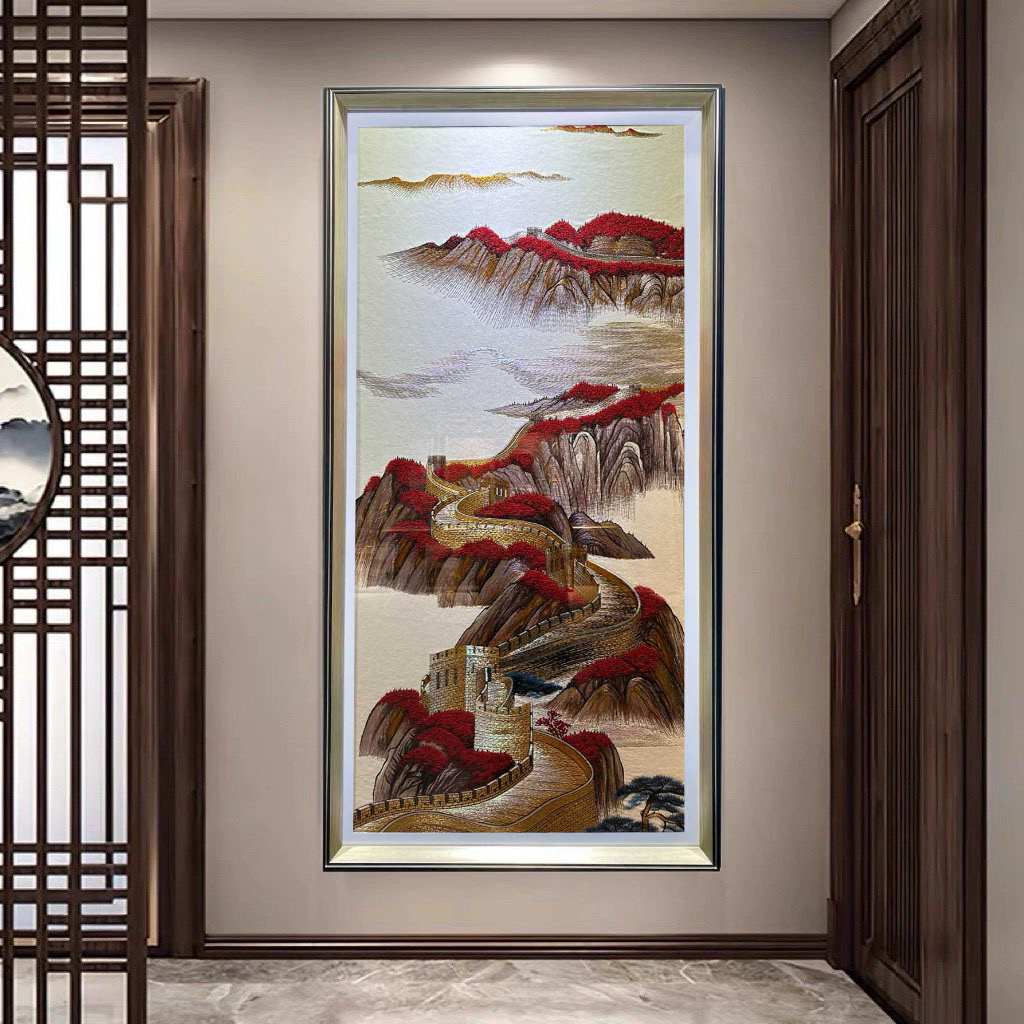 新中式鸿运长城刺绣装饰画适合玄关过道正对门悬挂