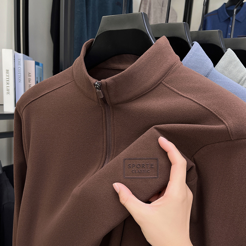 2025秋冬半拉链男加厚纯色立领POLO衫秋冬户外双面德绒加绒加厚