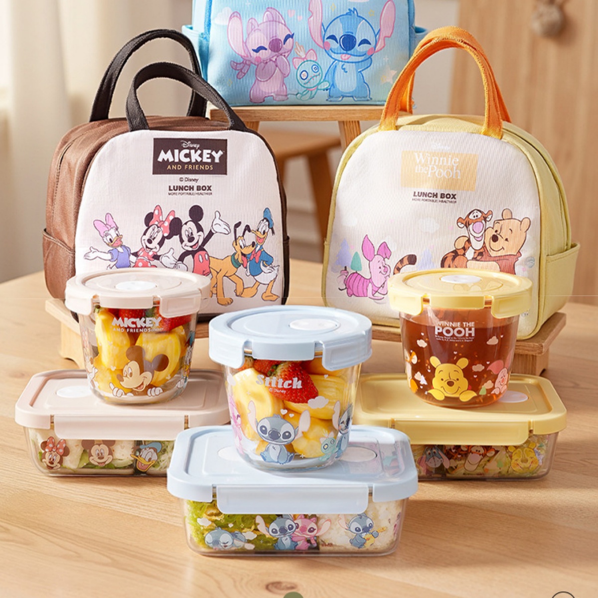 迪士尼米奇史迪仔维尼熊玻璃饭盒耐高温微波炉上班带饭带盖便当盒