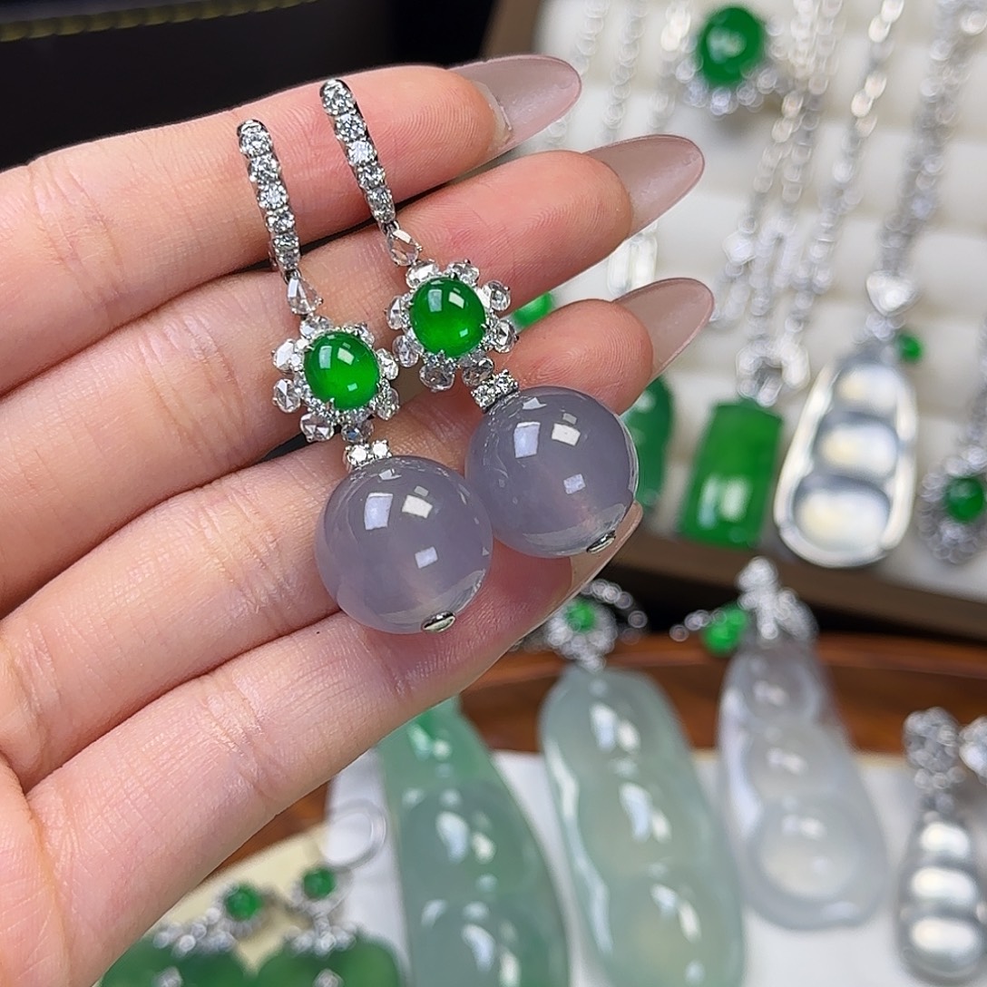 翡翠18K金镶嵌耳饰紫罗兰珠子耳饰