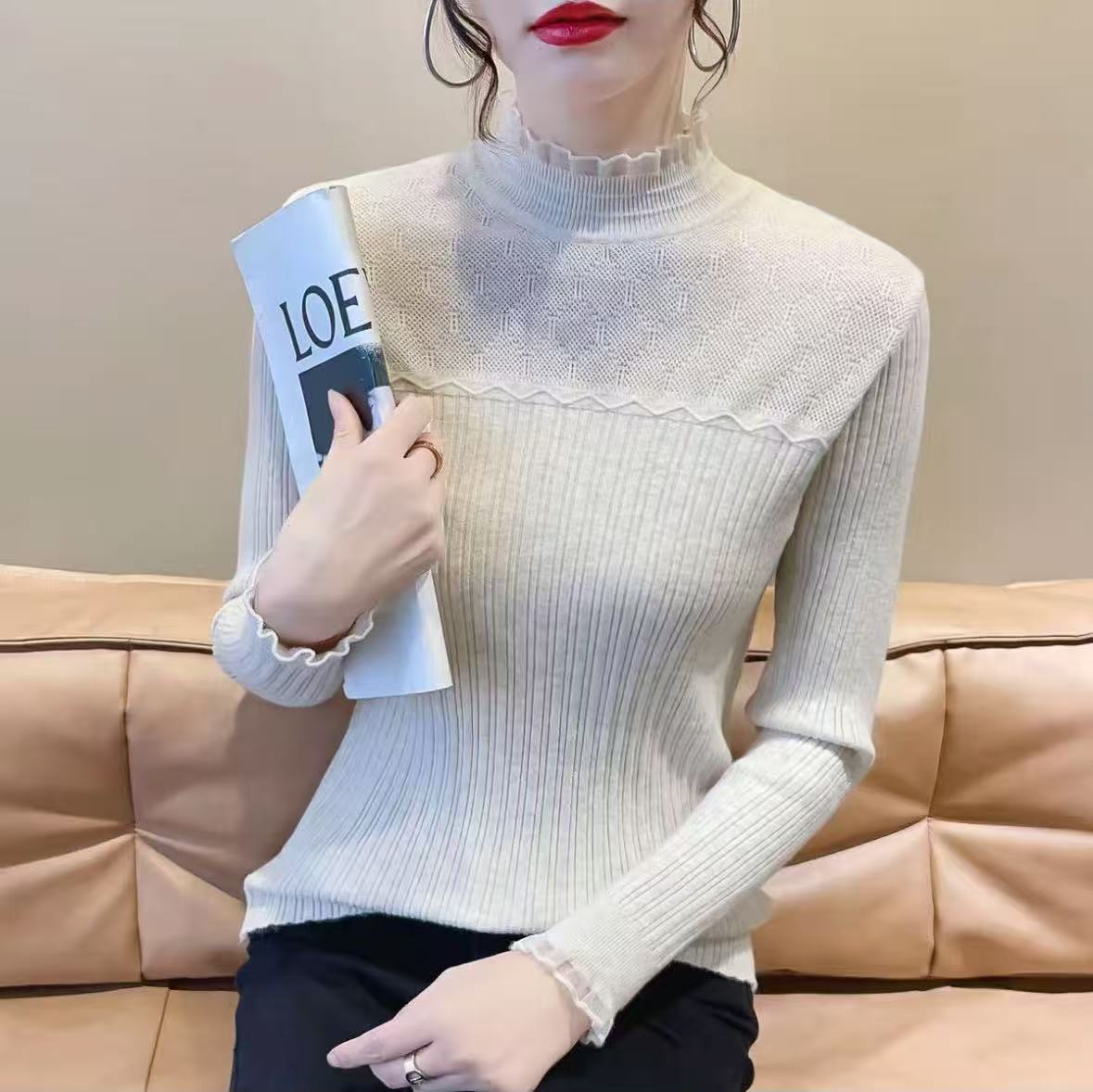  2025秋冬女纱边领镂空针织上衣女式打底毛衣修身显瘦毛衫