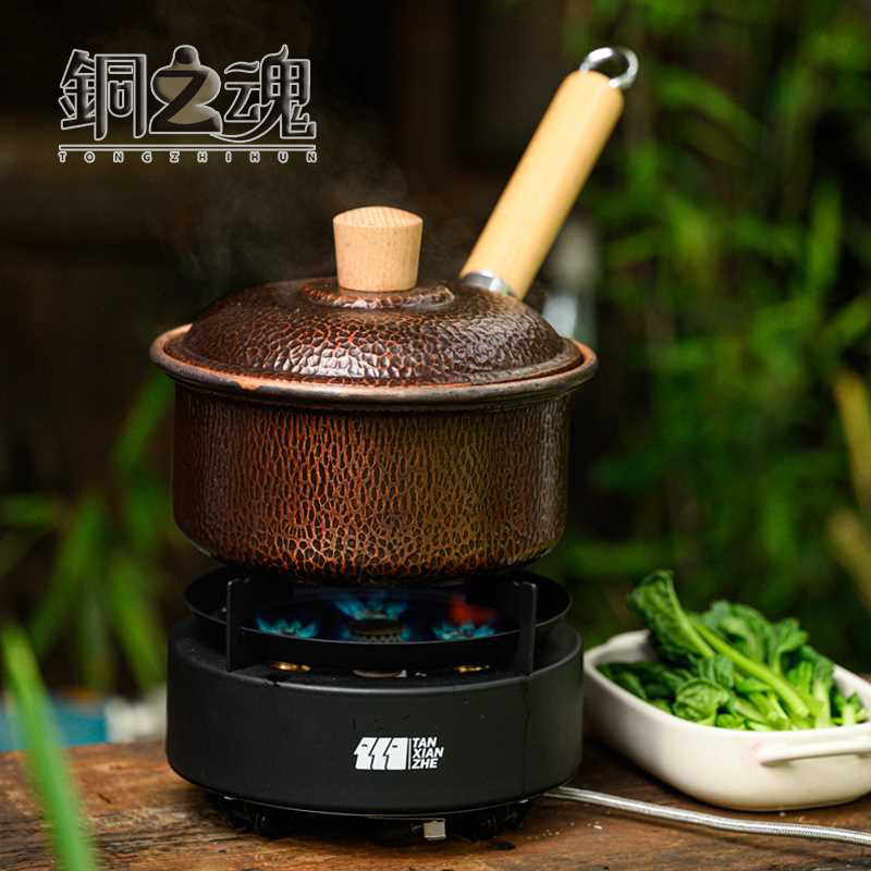 铜锅紫铜加厚小奶锅日式雪平辅食汤锅燃气电磁炉复古侧把木柄家用