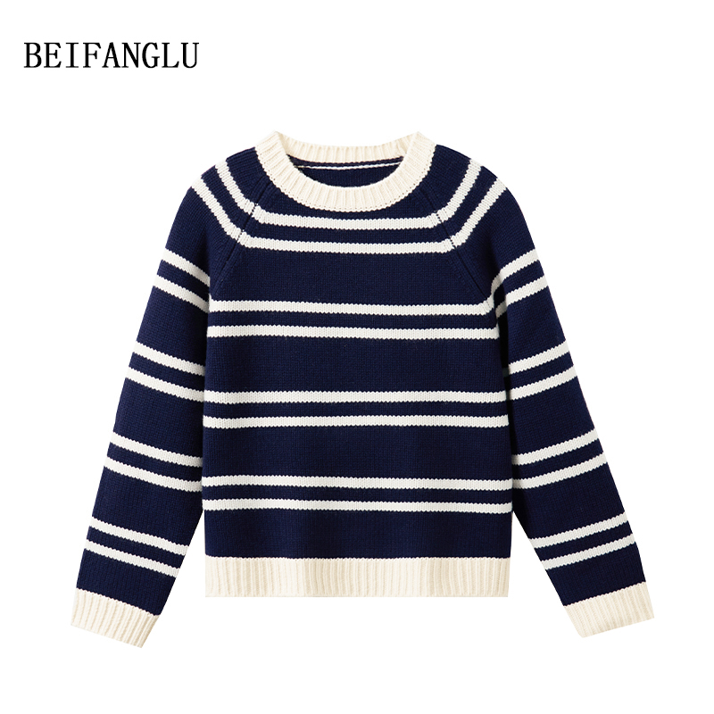 北方鹿【经典海军蓝条纹衫】100绵羊毛气质条纹厚针织毛衣女251255