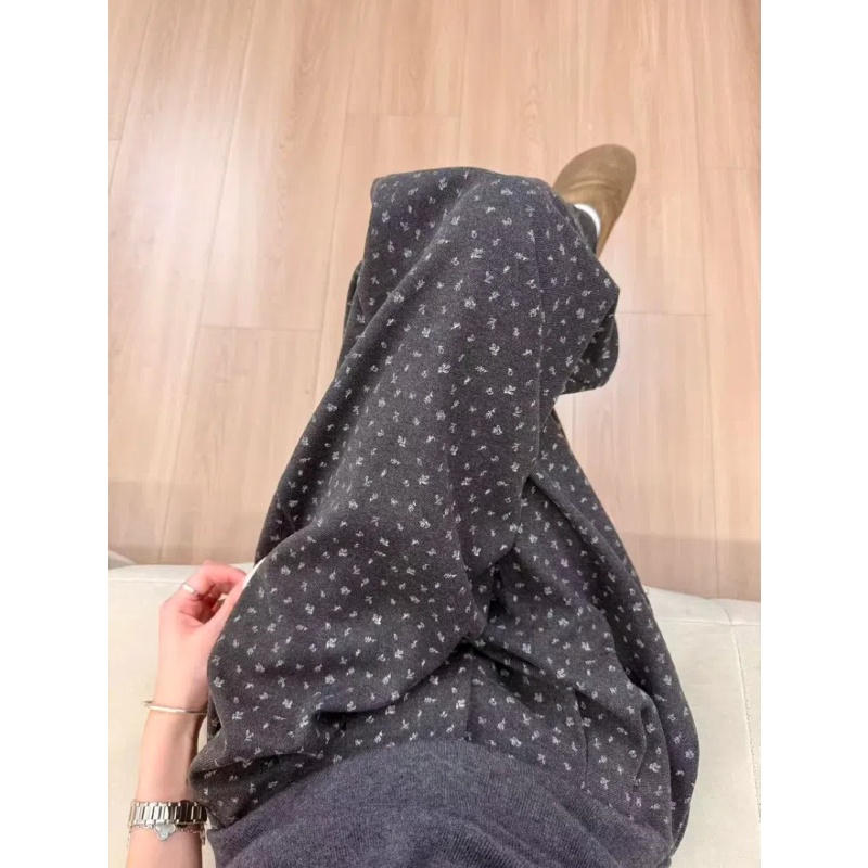韩系复古毛呢碎花阔腿裤女秋冬季慵懒风宽松显瘦直筒休闲长裤