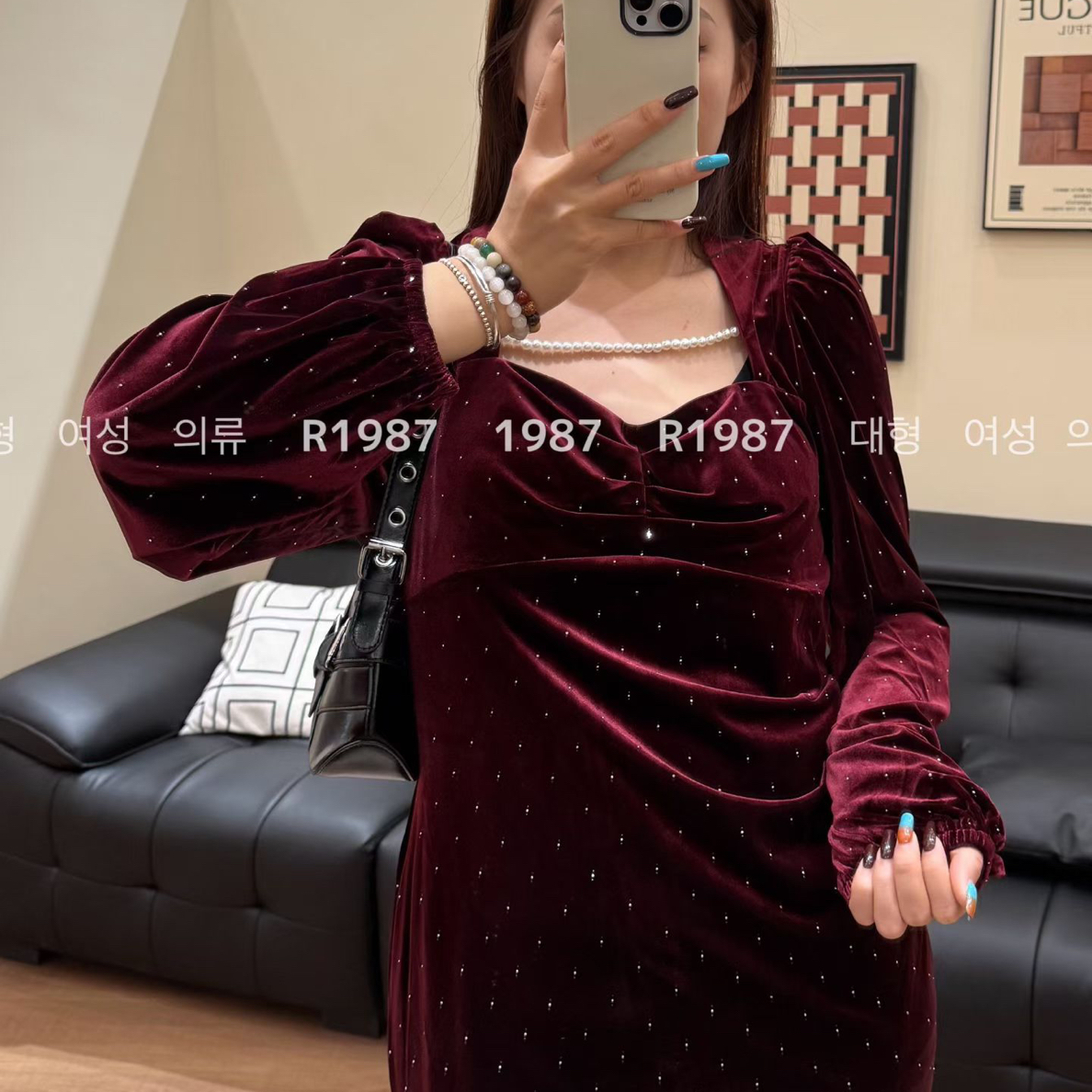 61351【订婚必选】大码高级感金丝绒烫钻珍珠链连衣鱼尾裙