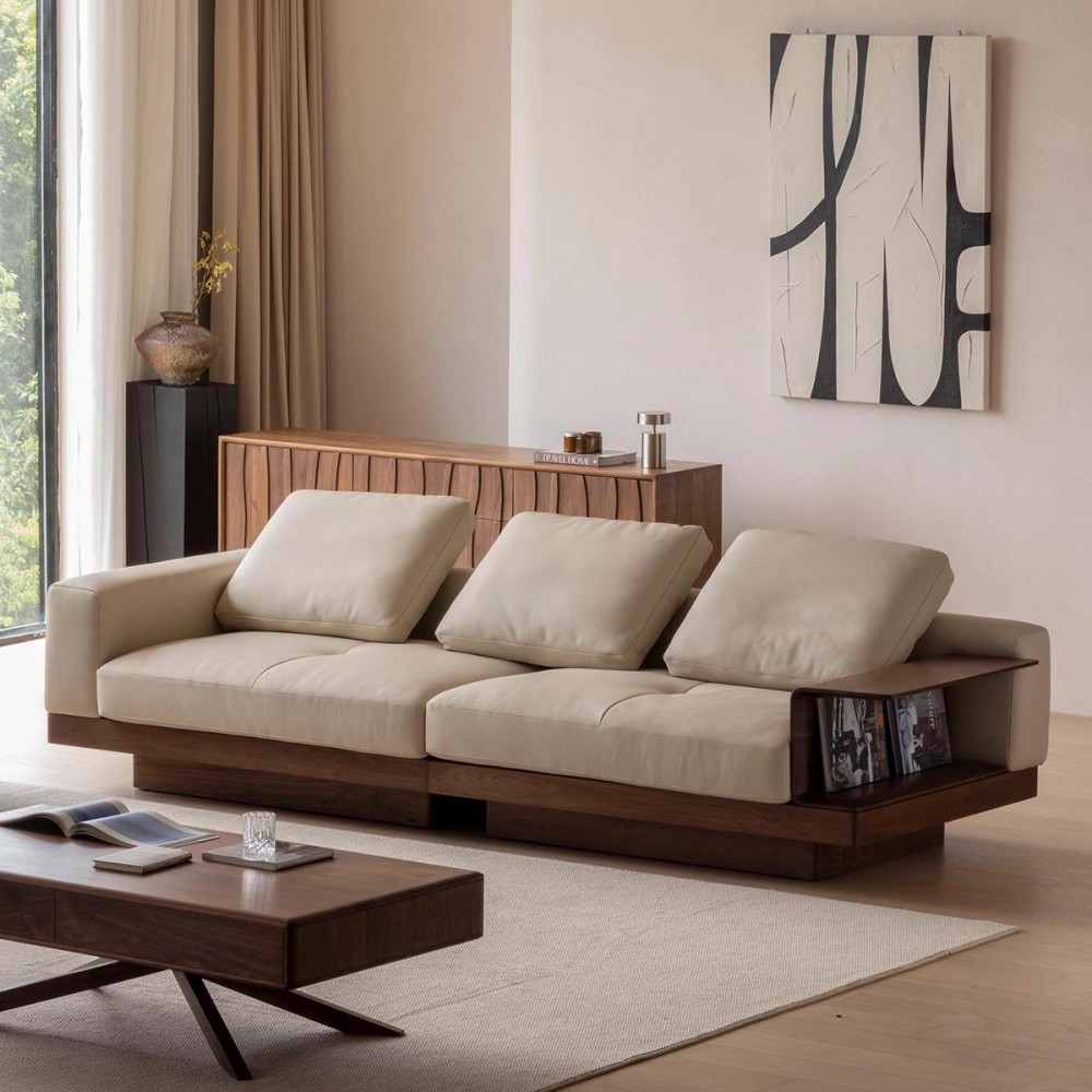 北美黑胡桃木实木真皮沙发意式极简客厅软包头层牛皮沙发三人位