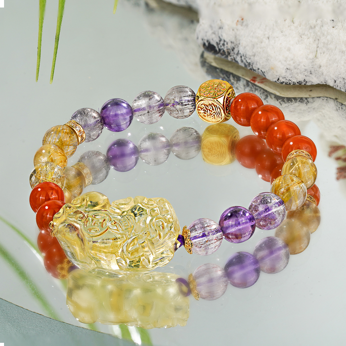 【富得流油】黄水晶貔貅超七四面守护南红金发晶手串财富款有证书