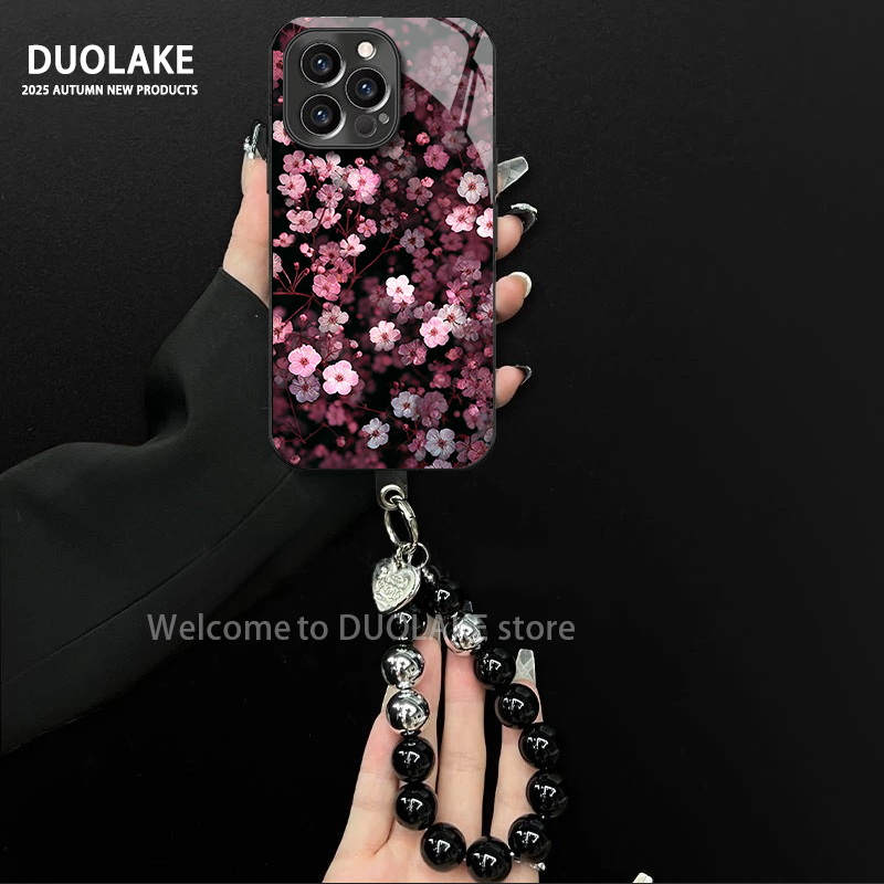 适用于苹果/oppo/华为/vivo/小米暗系樱花电镀玻璃手链防摔手机壳
