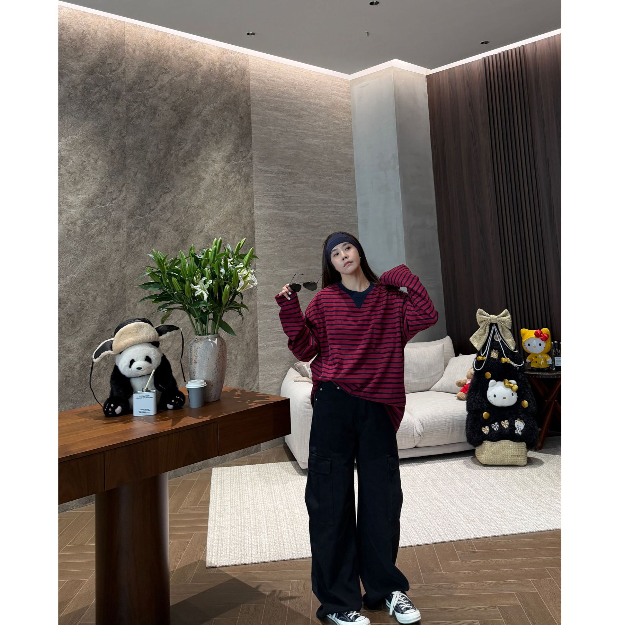 GLMPH-BNFS【达达条纹】宽松三角圆领条纹长袖休闲百搭上衣-1344