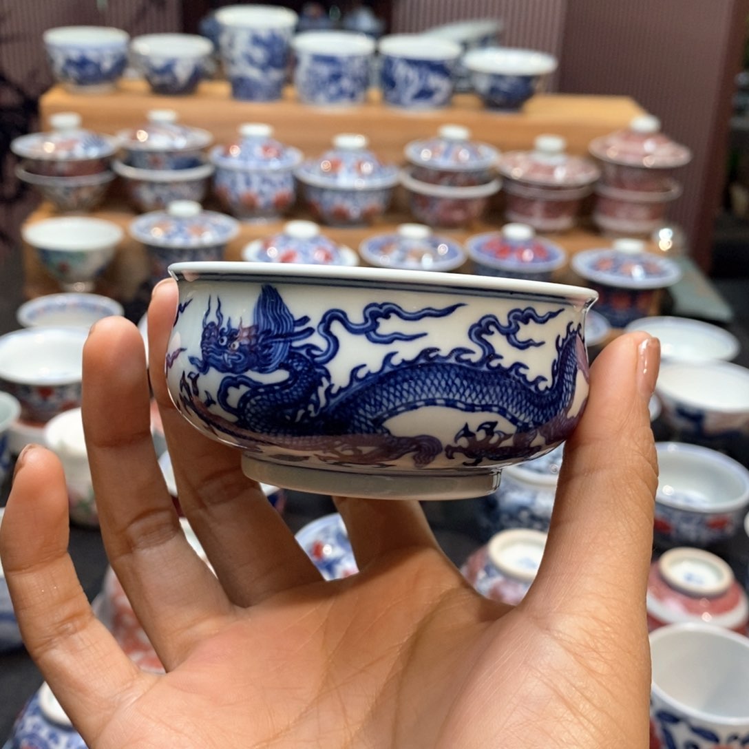 漱**旅三龙炉式主人杯柴窑手绘