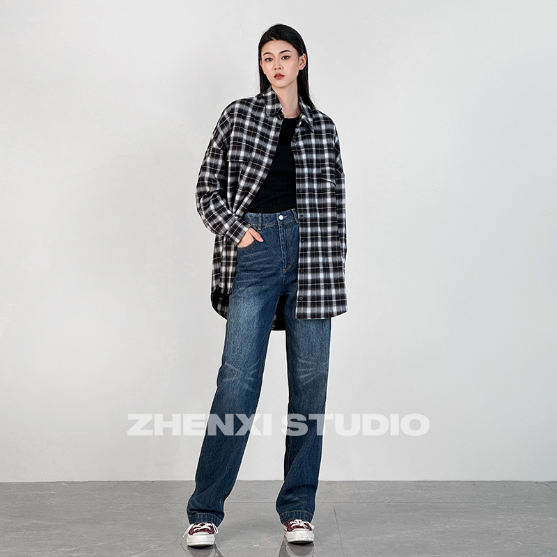 针西【格子衬衫】加长格子衬衫高个子穿搭W90099