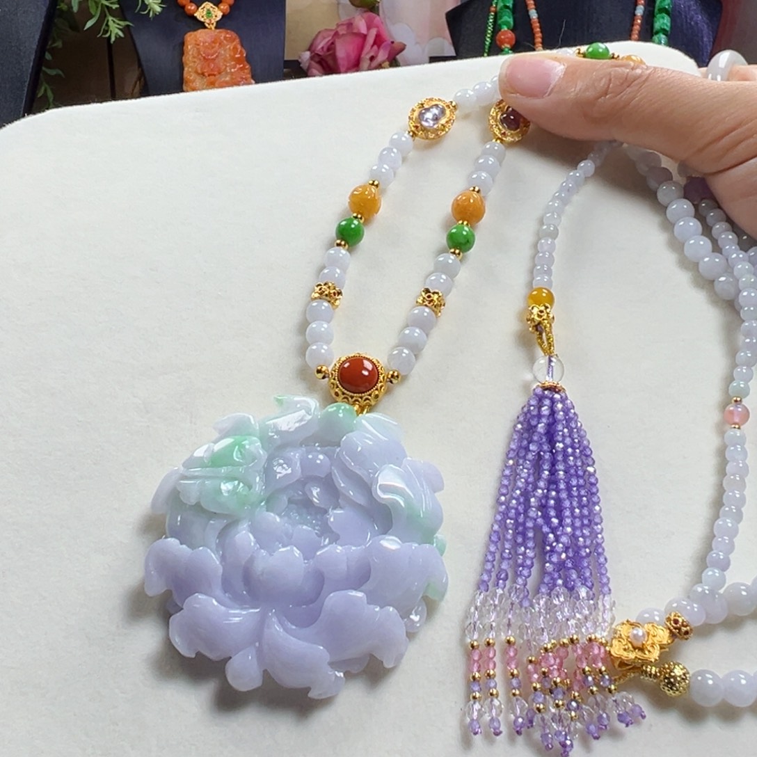 翡翠未镶嵌毛衣链春彩莲花