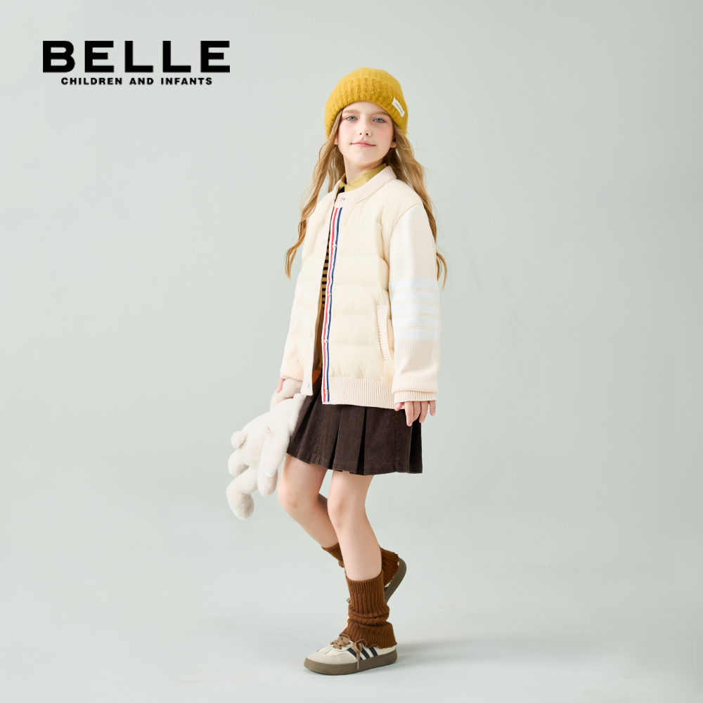 百丽女童秋冬针织羽绒服大童休闲风拼接款中大童轻薄保暖羽绒外套