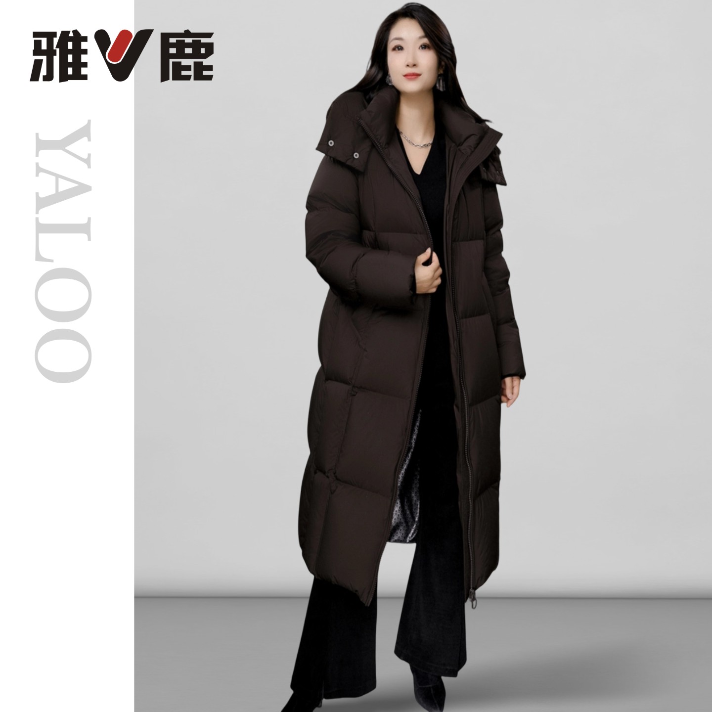 雅鹿90绒白鸭绒羽绒服女士中长咖色加厚款保暖冬季雪乡出游服装女