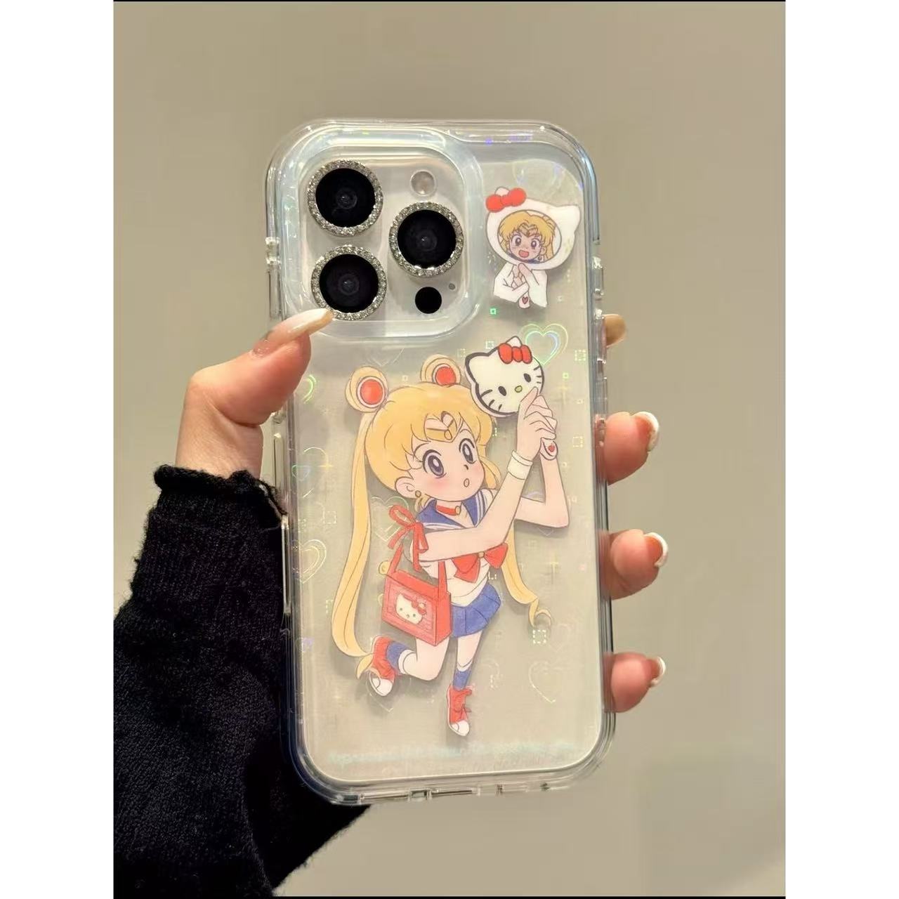 卡通美少女战士猫咪镜子镭射爱心适用iphone16promax苹果15/14新