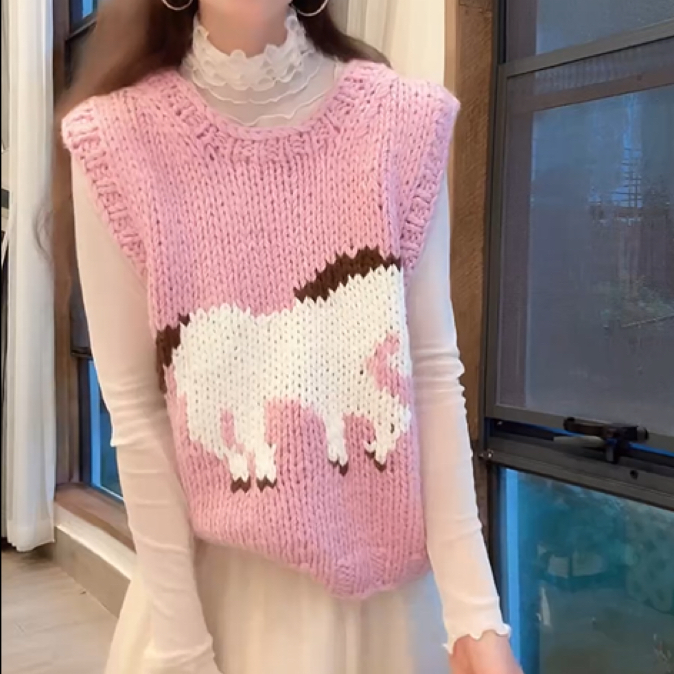 木耳边半高领双层网纱长袖内搭打底衫可叠穿小马图案重工马甲背心