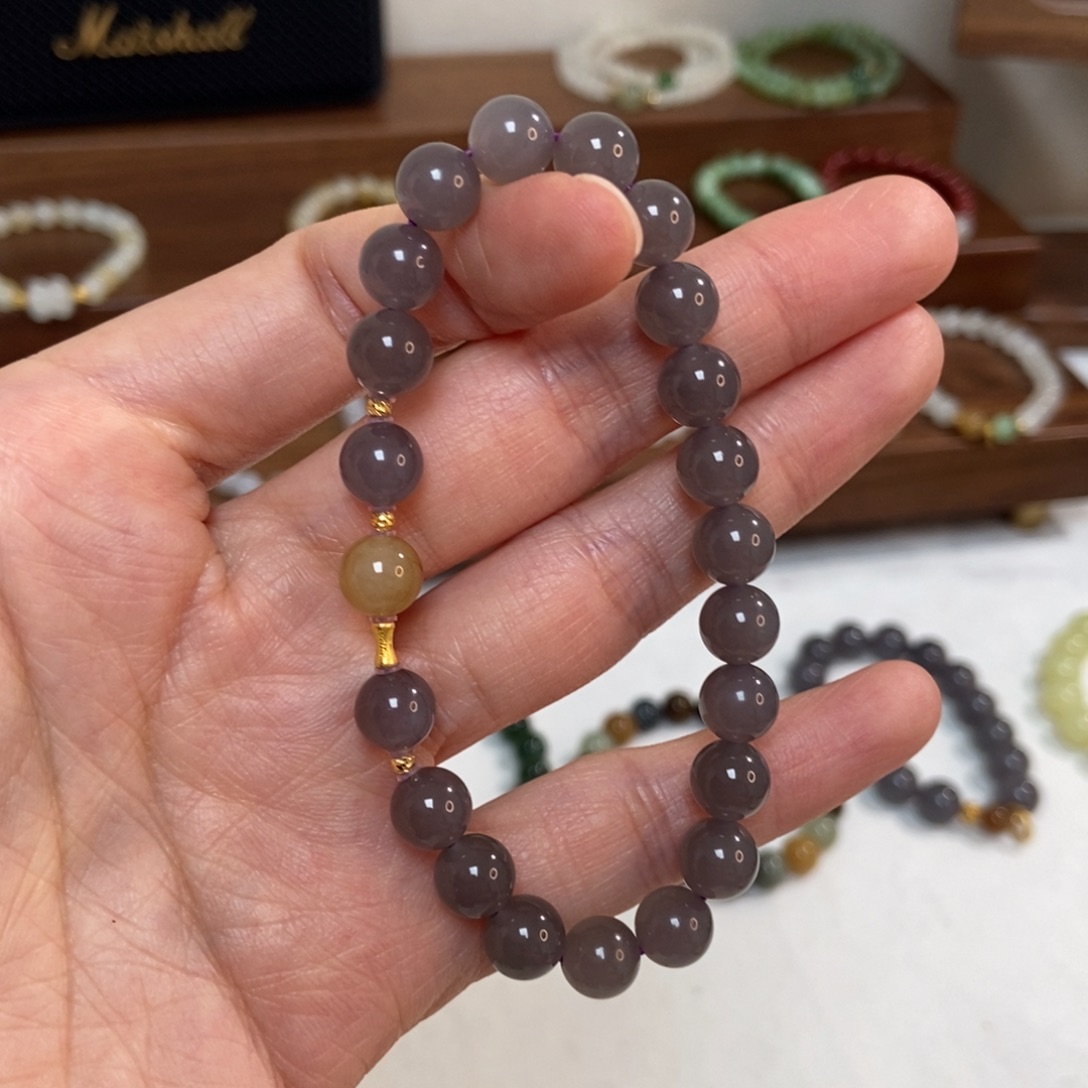 和田玉18K金镶嵌手链8mm冰烟紫