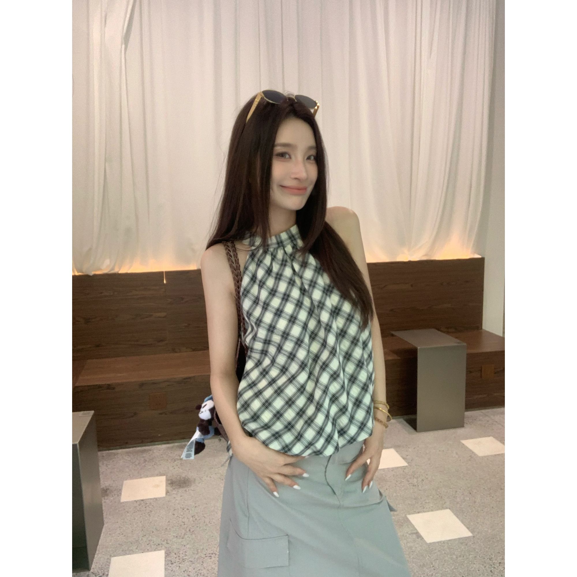 【云朵格格】文雅说显瘦夏季格子无袖设计感棋盘格时尚短款上衣