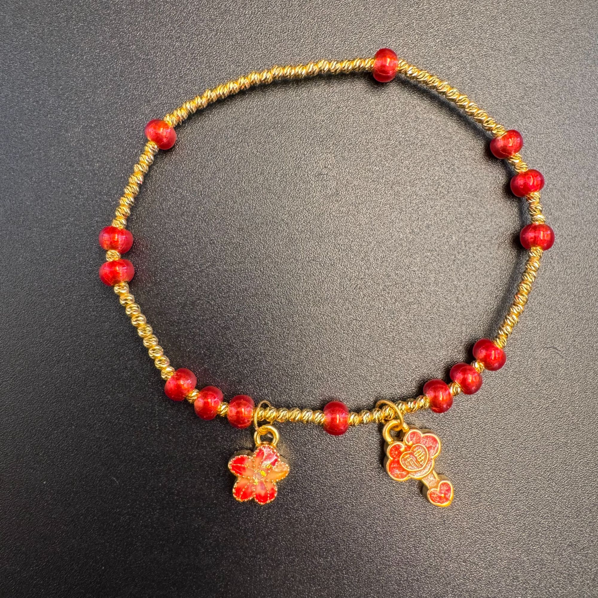  足金999 黄金珐琅彩如意花朵手链