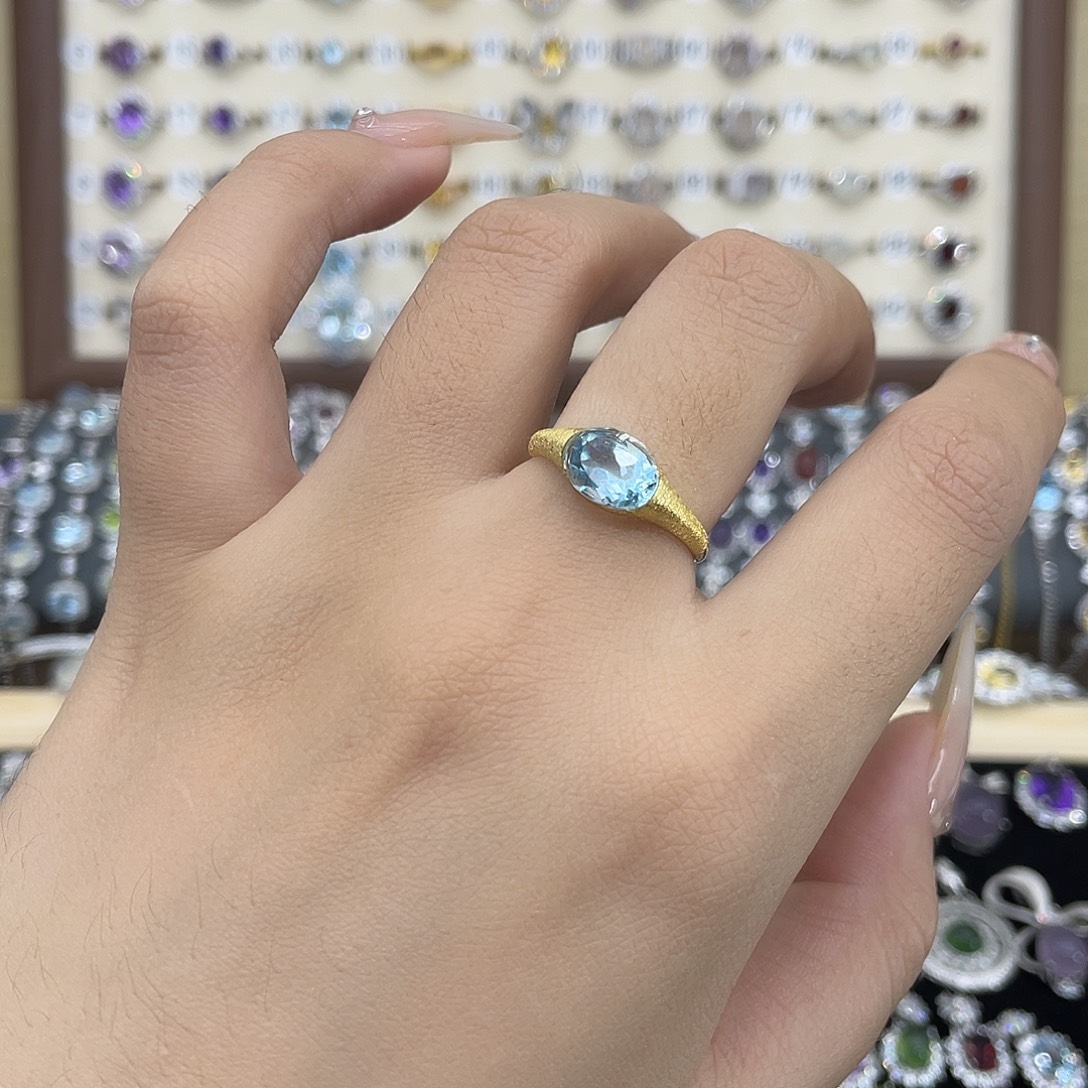 托帕石戒指银S925镀金镶嵌