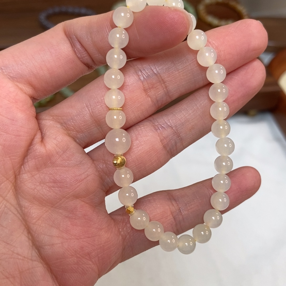 和田玉18K金镶嵌手链蜂蜜水6mm冰底