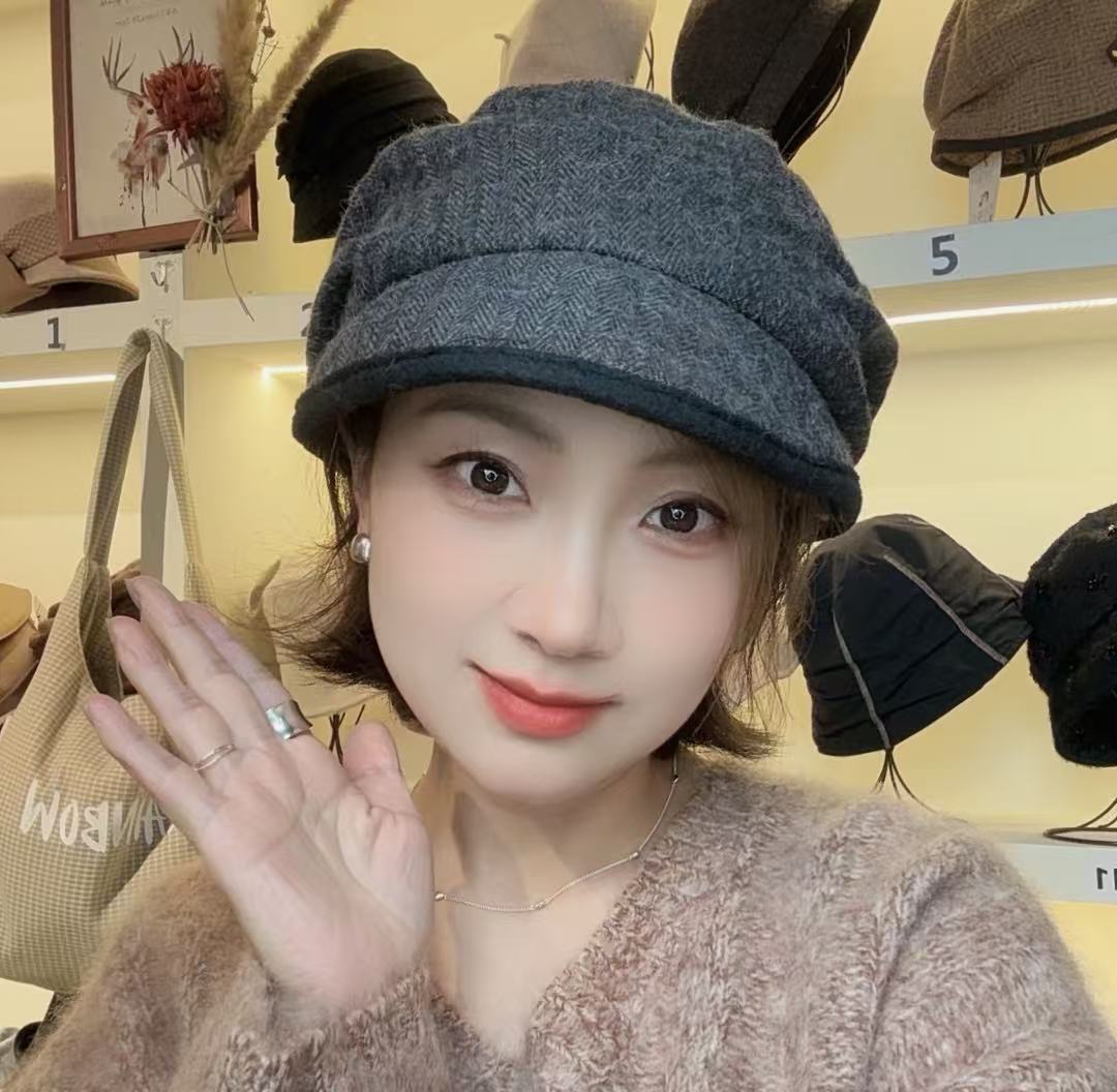 日单轻奢柔软空气感羊毛海军压褶帽秋冬新款时尚小帽檐显脸小女帽