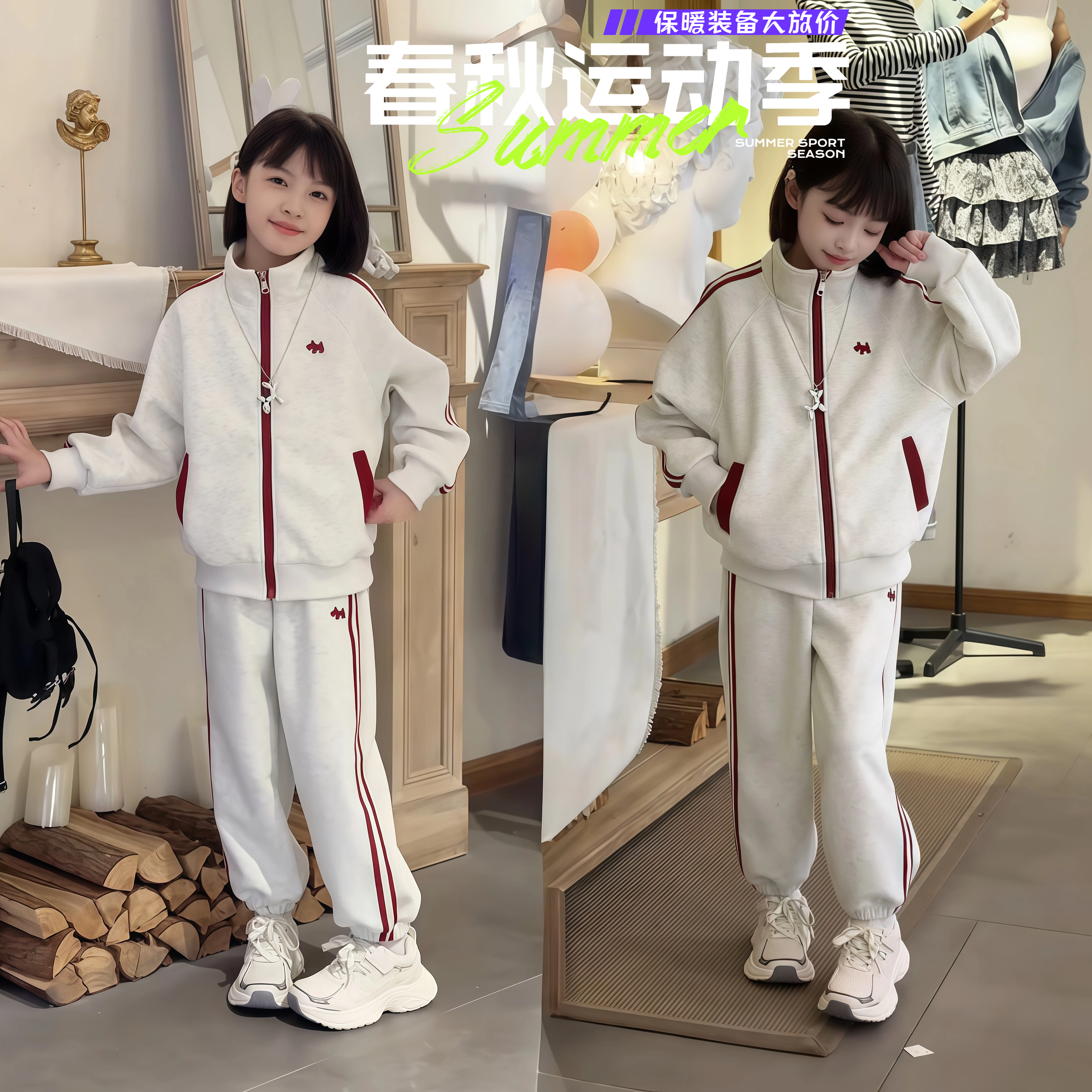 女童立领拉条2025新款儿童春秋运动套装秋装卫衣开衫外套休闲卫裤