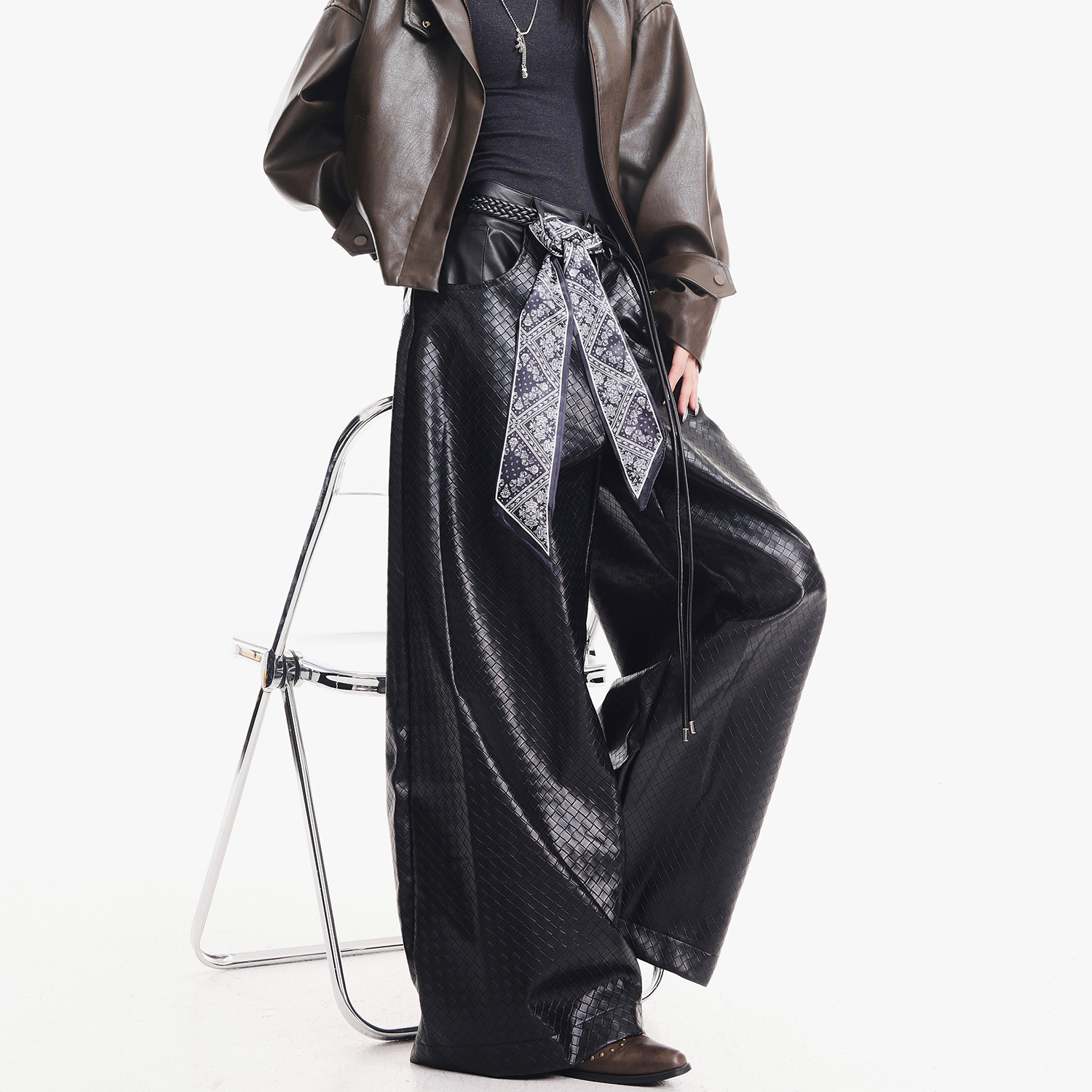 KENABSTUDIO秋冬新款黑色阔腿皮裤女编织感宽松百搭休闲裤长裤子